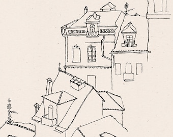 The Roofs of Lisbon, minimal line art drawing of Portuguese rooftops in old area of Lisbon called Alfama