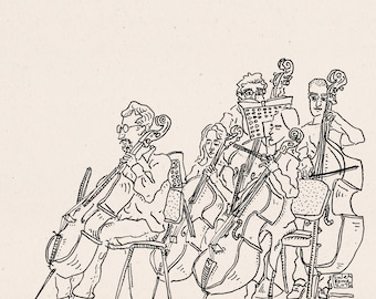 The Cello Players, minimal print of line art drawing of classical music orchestra concert by a band