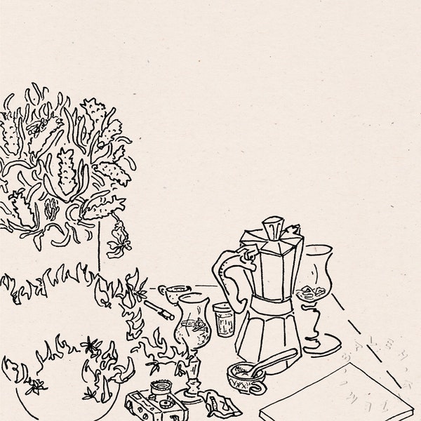 La table du petit-déjeuner, dessin au trait détaillé illustration d'art de la routine matinale italienne avec moka et tasse de café