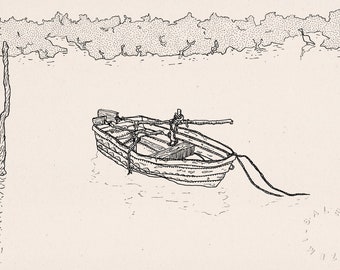 The Boat, reportage line sketch drawing in B&W of a wooden fishing barque in a sea port of Persian gulf, Iran