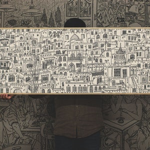 The Persian village, line panoramic drawing of an Iranian city Abyaneh rooftops and islamic architecture, oriental houses pattern sketch