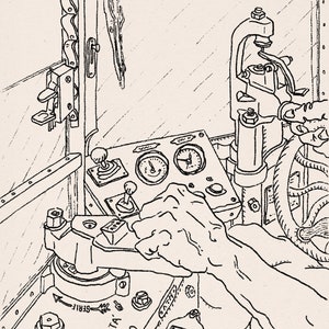 May include: A black and white line drawing of a hand operating a lever on a control panel. The panel has gauges, switches, and a label that reads "COMPAGNIA GENERALE DI ELETTRICITA' MILANO".