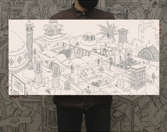 The Persian Dream, line panoramic drawing of an Iranian city Yazd rooftops and islamic architecture, oriental houses garden paradise badgir