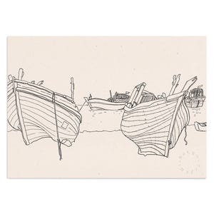 Fisherman boats, line sketch drawing in black and white of an old wooden fishing boats on the beach of Qeshm island in Persian Gulf of Iran