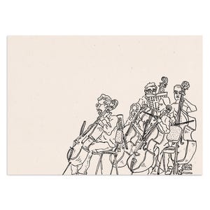 The Cello Players, minimal print of line art drawing of classical music orchestra concert by a band