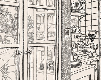 Porto Fluviale Café, line detailed sketch of vintage trendy interior Italian caffetteria bar in Rome with an umbrella behind the window