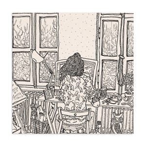 The Birds, Berlin style print illustration of a girl working on desktop in front of the window in artist atelier studio