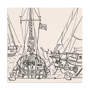 Porto di Palermo, drawing of Palermo mediterranean port with boats on water