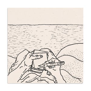 Scala dei Turchi, print illustration drawing of sunset moment in Mediterranean Sea in Sicily, Italian island sea view on a white beach