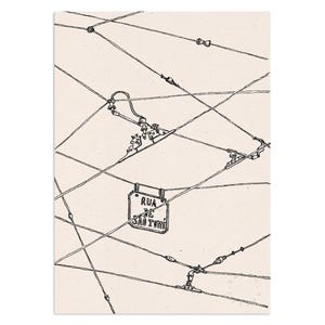 Tram cable, symmetrical urban line art drawing in b&w, made in old town of Lisbon of Rua De São Tomé, Portugal