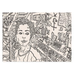 Virginia, print line illustration portrait in b&w of an Italian girl with curly hair and melancholic eyes in Milan