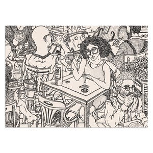 Ombre Rosse, print of a detailed line drawing illustration of Italian crowded restaurant cafe bar pub with a girl drinking red wine alone