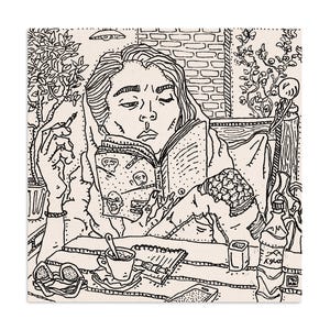The reading girl, figurative detailed line portrait drawing of Iranian Persian woman reading a book in café of Tehran