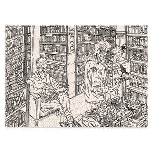 Feltrinelli Bookshop, line b&w detailed drawing of an Italian intellectual man reading a book in a library of Rome, Italy