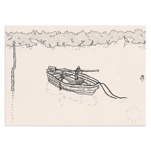 The Boat, reportage line sketch drawing in B&W of a wooden fishing barque in a sea port of Persian gulf, Iran