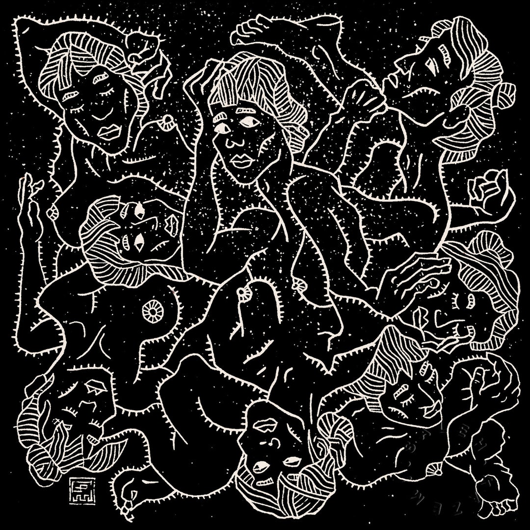 Abstract Nude, Black Background Print in Xylography Linocut Etching of