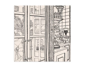 Porto Fluviale Café, line detailed sketch of vintage trendy interior Italian caffetteria bar in Rome with an umbrella behind the window