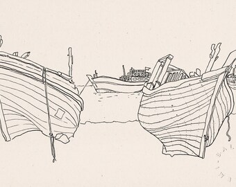 Fisherman boats, line sketch drawing in black and white of an old wooden fishing boats on the beach of Qeshm island in Persian Gulf of Iran