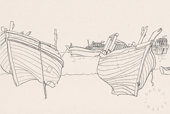 Fisherman boats, line sketch drawing in black and white of an old wooden  fishing boats on the beach of Qeshm island in Persian Gulf of Iran