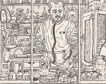 The Cheese Bar, detailed line drawing of a man with tattoo cutting cheese with details of food in Italian restaurant Osteria gusto in Rome