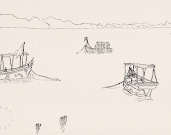 Coco Beach, reportage line drawing of Indian seaside in Goa with traditional wooden fishing boats and ocean