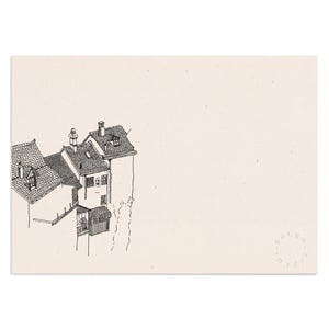 Dream Village, architectural line art drawing in b&w of a Switzerland Swiss magic village Laufenburg, by the river with tiny houses