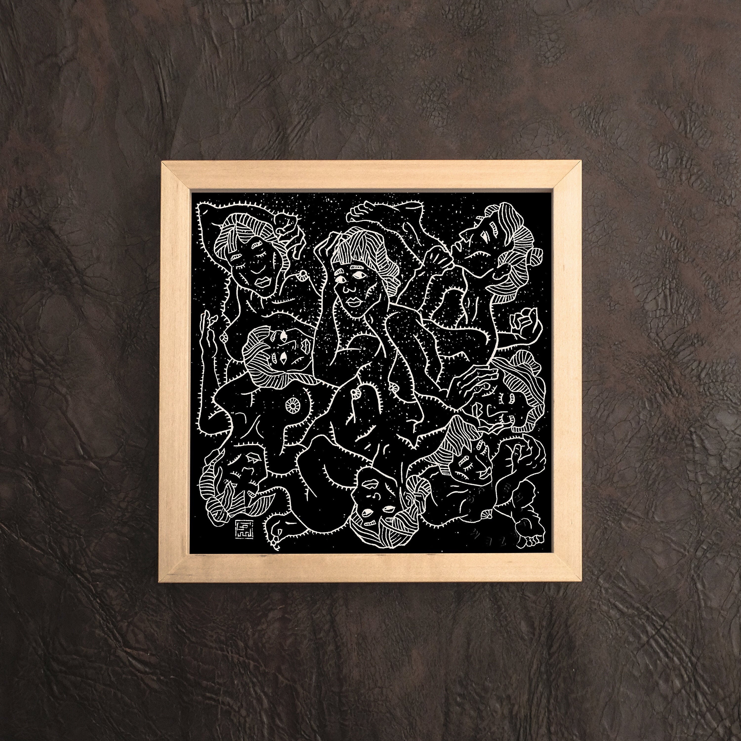 Abstract nude black background print in xylography linocut Etsy