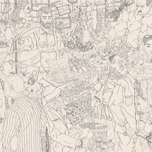 The Persian Bazaar, line drawing of Tajrish Bazaar in Tehran with typical oriental Iranian fruit market with farsi calligraphy, Nastaliq
