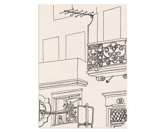 The Balcony, B&W line sketch illustration of a traditional old Portuguese detailed balcony in Porto with a black cat on the window below