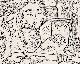 The reading girl, figurative detailed line portrait drawing of Iranian Persian woman reading a book in café of Tehran