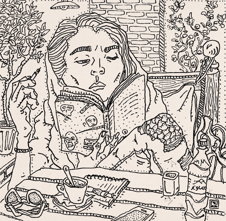 The reading girl, figurative detailed line portrait drawing of Iranian Persian woman reading a book in café of Tehran image 1