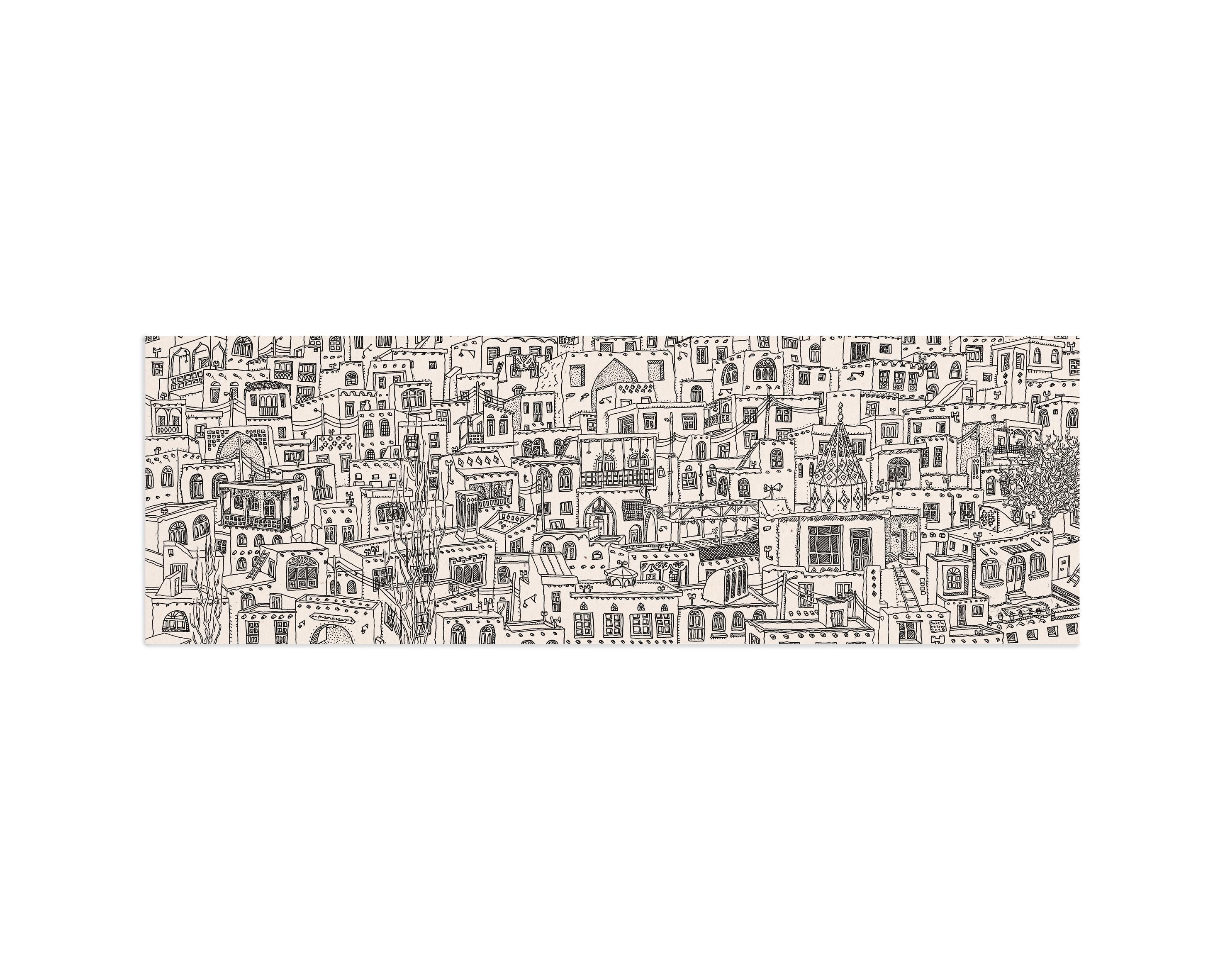 The Persian village, line panoramic drawing of an Iranian city Abyaneh rooftops and islamic architecture, oriental houses pattern sketch