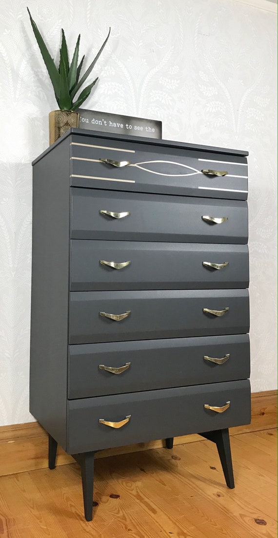 Chest Of Drawers Tall Dark Grey Vintage Retro 1960 S Mid Century Meridew Bedroom Furniture Six Drawer Tall Chest Of Drawers Retro Desi