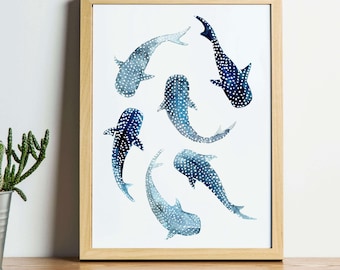 Watercolour Whale Sharks: A4 Signed Art Print