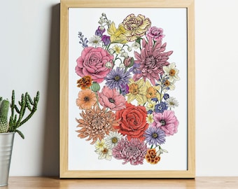 A Year in Bloom, Maximalist Floral A4 Signed Art Print