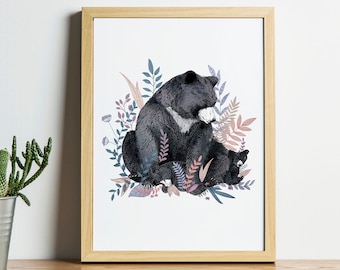 Snuggle Bears, Watercolour Black Bear Family, Signed A4 Artist Print