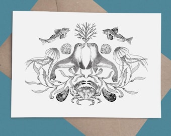 Symmetrical Seals: Marine A5 Luxury Blank Greetings Card and Artist Print