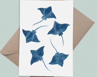 Watercolour Spotted Eagle Rays: A5 Blank Greetings Card and A5 Artist Print