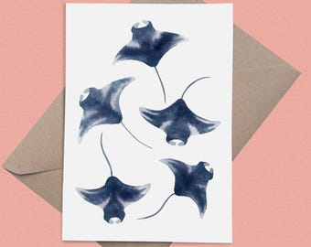 Watercolour Manta Rays: A5 Blank Greetings Card and A5 Artist Print