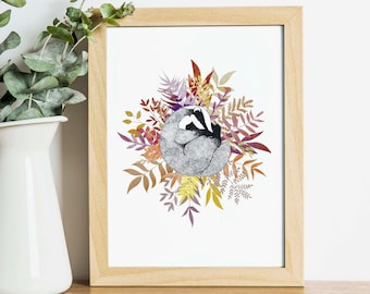 Sleepy Badger: Watercolour Woodland A4 Signed Art Print
