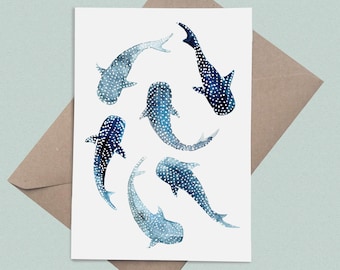 Watercolour Whale Sharks: A5 Blank Greetings Card and A5 Artist Print