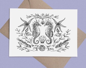 Symmetrical Seahorses: A5 Luxury Blank Greetings Card and Artist Print