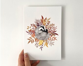 Watercolour Sleepy Badger: A5 Art Print and Greetings Card