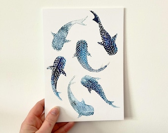 Watercolour Whale Sharks: A5 Artist Print and Greetings Card