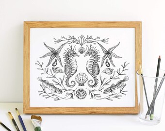 Symmetrical Seahorses: Imperfect Symmetry Collection A4 Signed Art Print