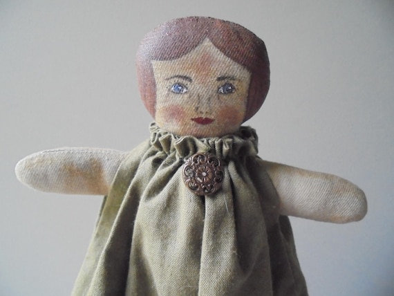 Vintage Fabric Doll, Vintage Cloth Printed Doll, Brown Hair Doll in Long Green and Pink Dress, Vintage Girl Doll, TheEarlyBirdFinds