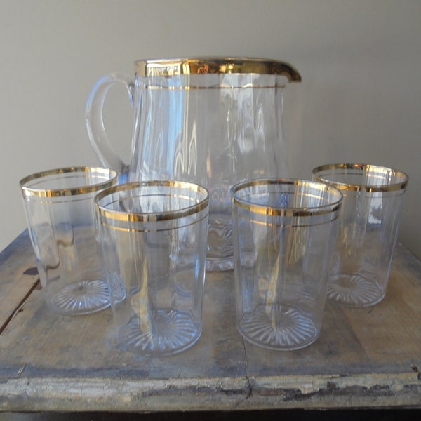 Vintage Five Piece Juice Pitcher and Glasses Set, Clear Glass Water Pitcher with Gold Rim, TheEarlyBirdFinds