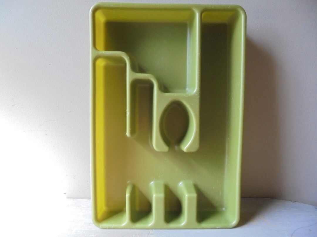 Vintage Avocado Green Utensil Holder, Flatware Tray, Vintage Drawer Divider, Vintage Kitchen