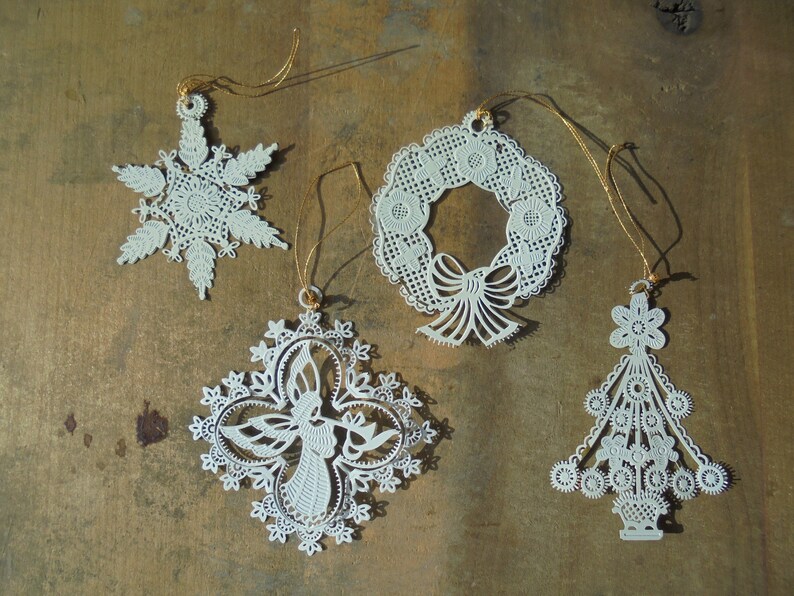 Vintage White Christmas Tree Ornaments White Lace Metal Etsy
