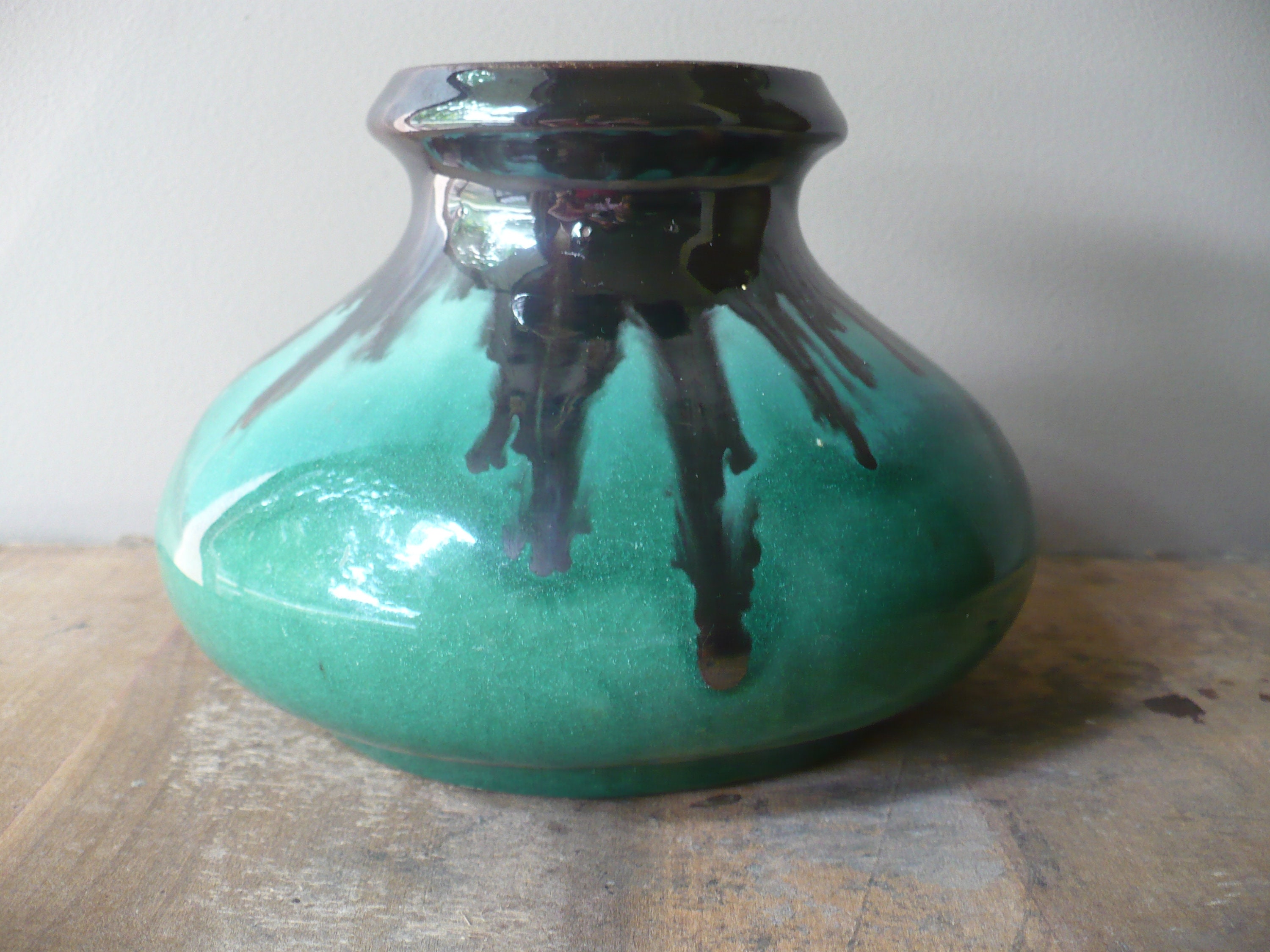 Wide Mouth Vase Vintage Green and Black Vase Vintage Etsy